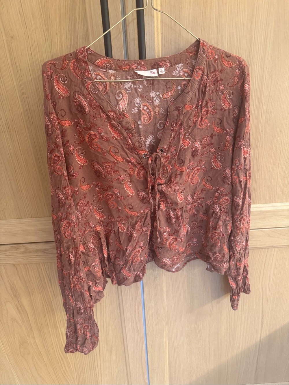 SO Rust Paisley Tie-Front Blouse
